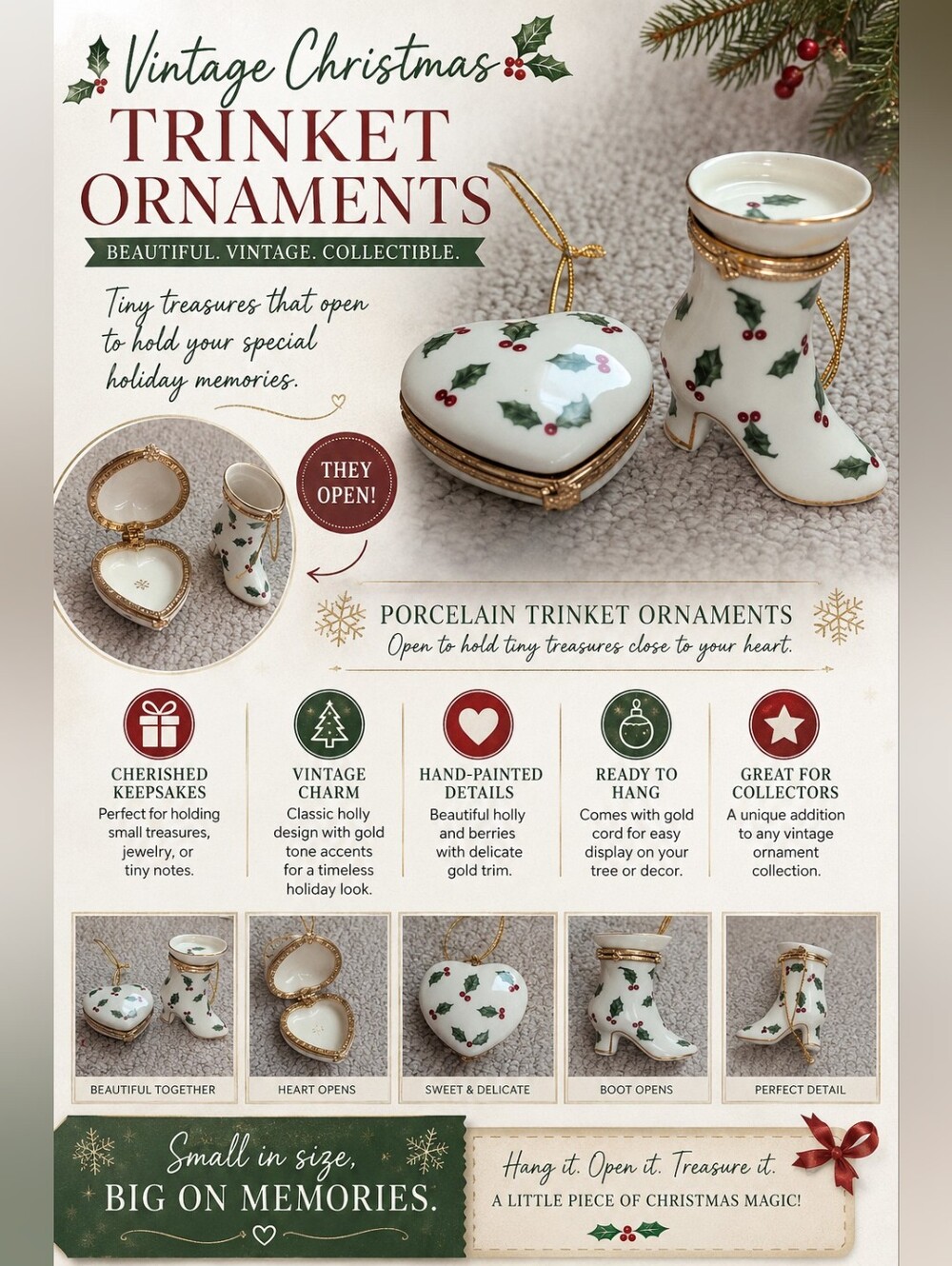 Porcelain Holly Heart Box & Boot Ornament Set - White with Green Holly